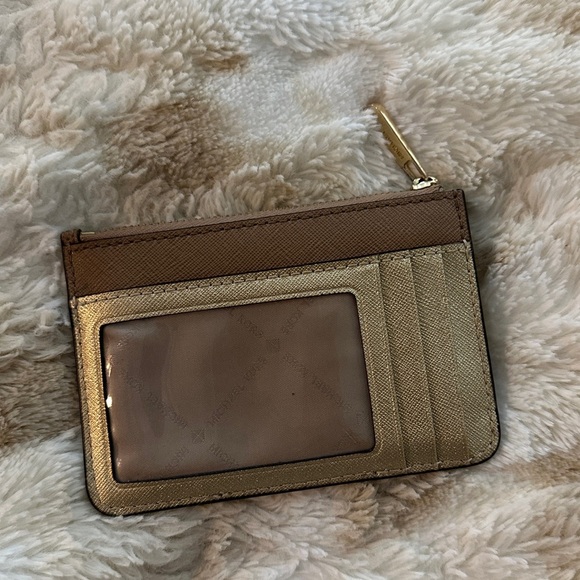 Michael Kors Women's Center Stripe MK TZ Coin Pouch Wallet DK Khaki Gold Leather - Picture 2 of 9